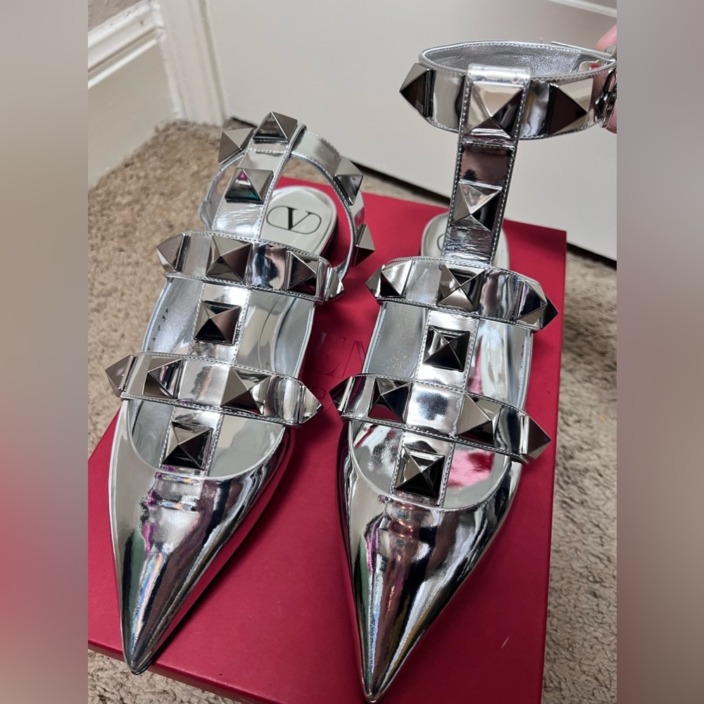 Valentino Roman Stud Metallic Ankle-Strap Ballerina Flats